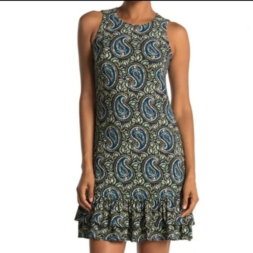 Tommy Hilfiger Womens Blue Green Paisley Sleeveless Ruffle Hem Shift Dress 12